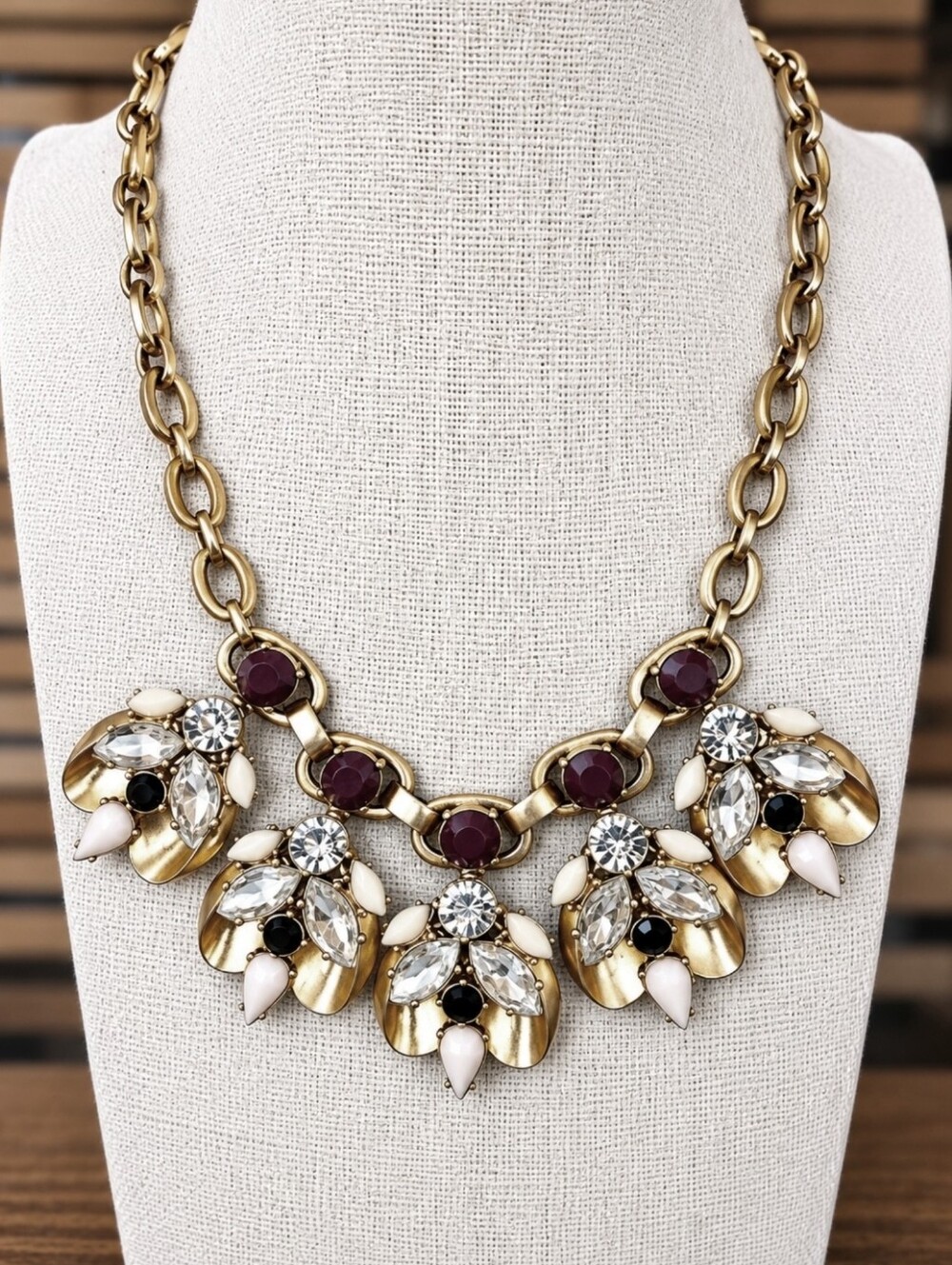 J. Crew Antiqued Gold Tone Hardware Rhinestone Statement Necklace Jewelry